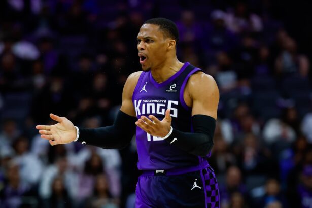 Sacramento, California, USA; Sacramento Kings guard Russell Westbrook (18) reacts after a play during the third quarter against the Los Angeles Clippers at Golden 1 Center. Mandatory Credit: Sergio Estrada-Imagn Images