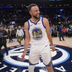 Inglewood, California, USA; Golden State Warriors guard Stephen Curry (30) smiles on the court after defeating the Los Angeles Clippers during the play-in rounds of the 2026 NBA Playoffs at Intuit Dome. Mandatory Credit: Jayne Kamin-Oncea-Imagn Images