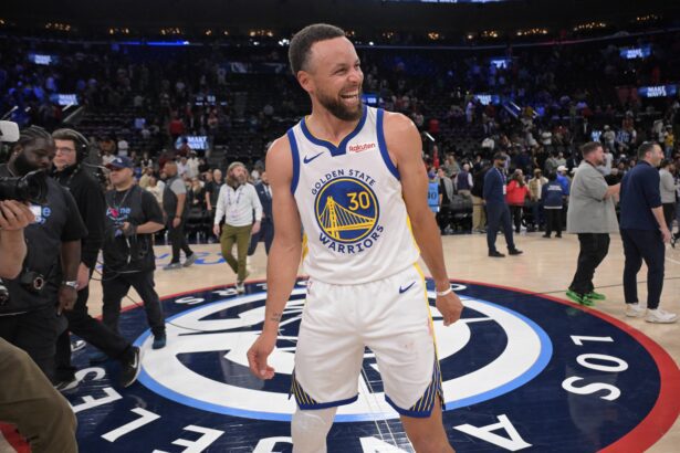 Inglewood, California, USA; Golden State Warriors guard Stephen Curry (30) smiles on the court after defeating the Los Angeles Clippers during the play-in rounds of the 2026 NBA Playoffs at Intuit Dome. Mandatory Credit: Jayne Kamin-Oncea-Imagn Images