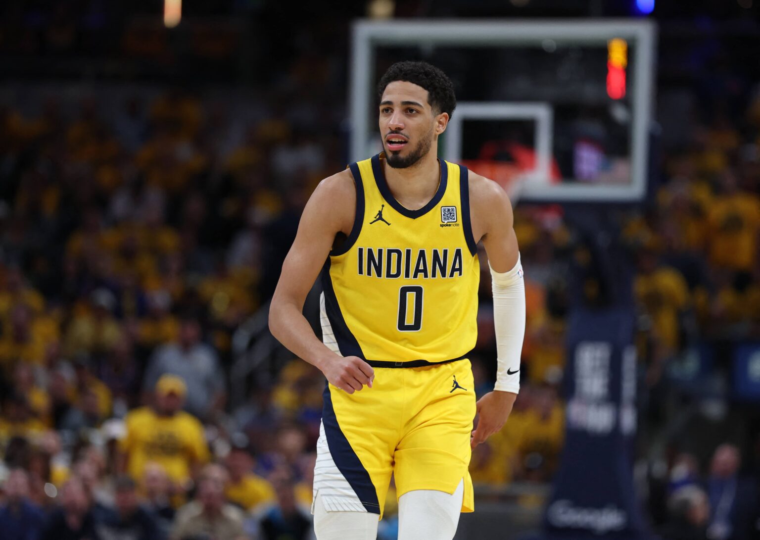 Indianapolis, Indiana, USA; Indiana Pacers guard Tyrese Haliburton (0) reacts after shooting a three point basket during the second quarter against the New York Knicks of game four of the eastern conference finals for the 2025 NBA Playoffs at Gainbridge Fieldhouse. Mandatory Credit: Trevor Ruszkowski-Imagn Images