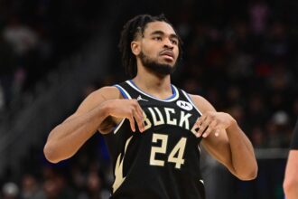 Feb 22, 2026; Milwaukee, Wisconsin, USA; Milwaukee Bucks guard Cam Thomas (24) looks on in the fourth quarter against the Toronto Raptors at Fiserv Forum. Mandatory Credit: Benny Sieu-Imagn Images