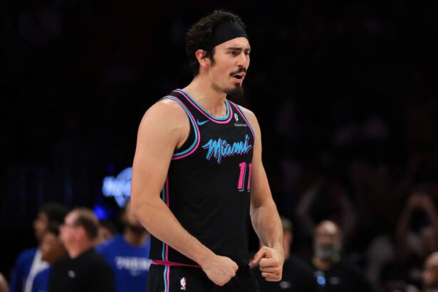 Mar 30, 2026; Miami, Florida, USA; Miami Heat forward Jaime Jaquez Jr. (11) reacts after scoring against the Philadelphia 76ers during the fourth quarter at Kaseya Center. Mandatory Credit: Sam Navarro-Imagn Images