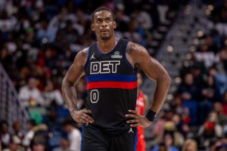 Jan 21, 2026; New Orleans, Louisiana, USA; Detroit Pistons center Jalen Duren (0) reacts to a play against the New Orleans Pelicans during the second half at Smoothie King Center. Mandatory Credit: Stephen Lew-Imagn Images