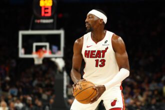 Jan 25, 2026; Phoenix, Arizona, USA; Miami Heat center Bam Adebayo (13) against the Phoenix Suns in the second half at Mortgage Matchup Center. Mandatory Credit: Mark J. Rebilas-Imagn Images