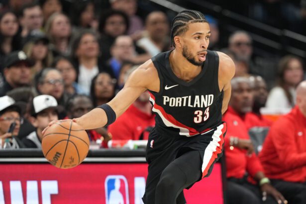 Apr 8, 2026; San Antonio, Texas, USA; Portland Trail Blazers forward Toumani Camara (33) looks to pass the ball during the first half against the San Antonio Spurs at Frost Bank Center. Mandatory Credit: Scott Wachter-Imagn Images