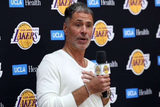 Sep 24, 2026; Los Angeles, CA, USA; Los Angeles Lakers president of basketball operations and general manager Rob Pelinka speaks to the media during a press conference at UCLA Health Training Center. Mandatory Credit: Kiyoshi Mio-Imagn Images