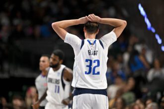 Oct 16, 2026; Dallas, Texas, USA; Dallas Mavericks forward Cooper Flagg (32) looks on during the game between the Mavericks and the Hawks at American Airlines Center. Mandatory Credit: Jerome Miron-Imagn Images