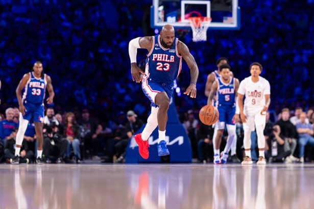 Oct 22, 2026; Philadelphia, Pennsylvania, USA; Philadelphia 76ers forward LeBron James (23) breaks up court after stealing the ball during the second quarter against the Cleveland Cavaliers at Xfinity Mobile Arena. Mandatory Credit: Bill Streicher-Imagn Images