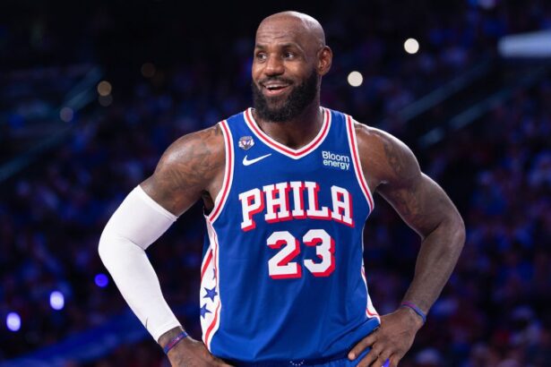 Oct 22, 2026; Philadelphia, Pennsylvania, USA; Philadelphia 76ers forward LeBron James (23) reacts after a play against the Cleveland Cavaliers during the third quarter at Xfinity Mobile Arena. Mandatory Credit: Bill Streicher-Imagn Images