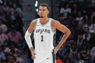 Oct 20, 2026; San Antonio, Texas, USA; San Antonio Spurs forward Victor Wembanyama (1) looks up the court in the second half against the Oklahoma City Thunder at Frost Bank Center. Mandatory Credit: Daniel Dunn-Imagn Images